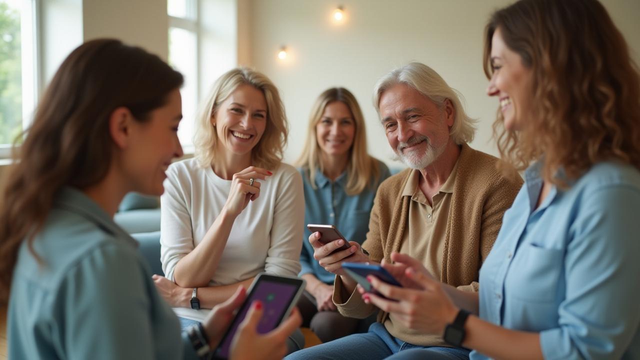 Diverse group of adults 35+ smiling and talking in a modern, light-filled community space, symbolizing connection and support.